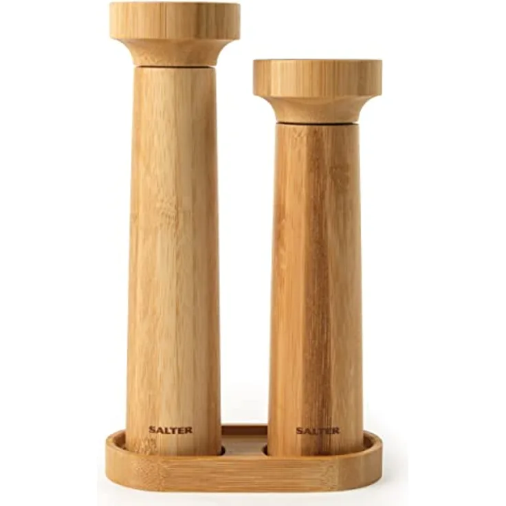 Salter 7614 WDXR Eco Salz- und Pfeffermühlen-Set aus Bambus mit Ständer, Twist- und Mahlmechanismus, Gewürzmühle mit Keramikmahlwerk, feines bis grobes Mahlen, BPA-Frei, Bambus, 60g Salz/30g Pfeffer