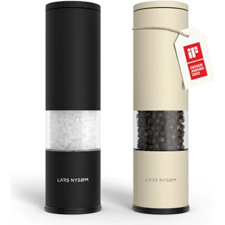 LARS NYSØM Salz und Pfeffermühle Set "Lagom", Manuell mit einstellbarem Keramikmahlwerk, Edelstahl, 2 Stück, Schwarz/Beige – Bild 1