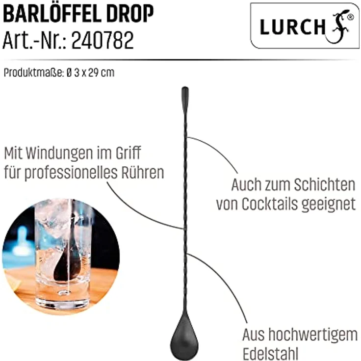 LURCH 240782 Barlöffel Drop, Edelstahl Cocktailrührlöffel 29cm mit 5ml Laffe, Smokey Grey – Bild 5