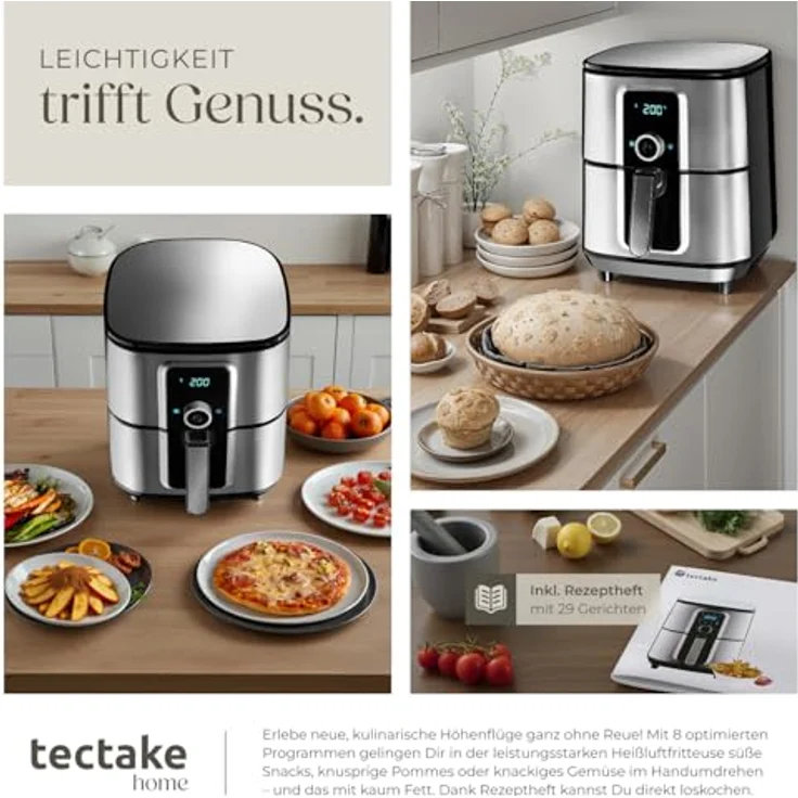 TecTake Ben Heißluftfritteuse, ohne Öl, 1800W, Fassungsvermögen 10,2 l, spülmaschinenfeste Teile, Display, Antihaftbeschichtung, Edelstahl, silber – Bild 8