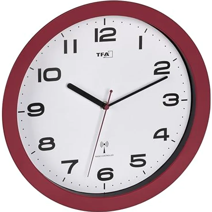 TFA Dostmann Funk Wanduhr 60.3554, 32cm, modernes Design ohne Tickgeräusche, rot, ideal für Wohnzimmer, Küche oder Schlafzimmer