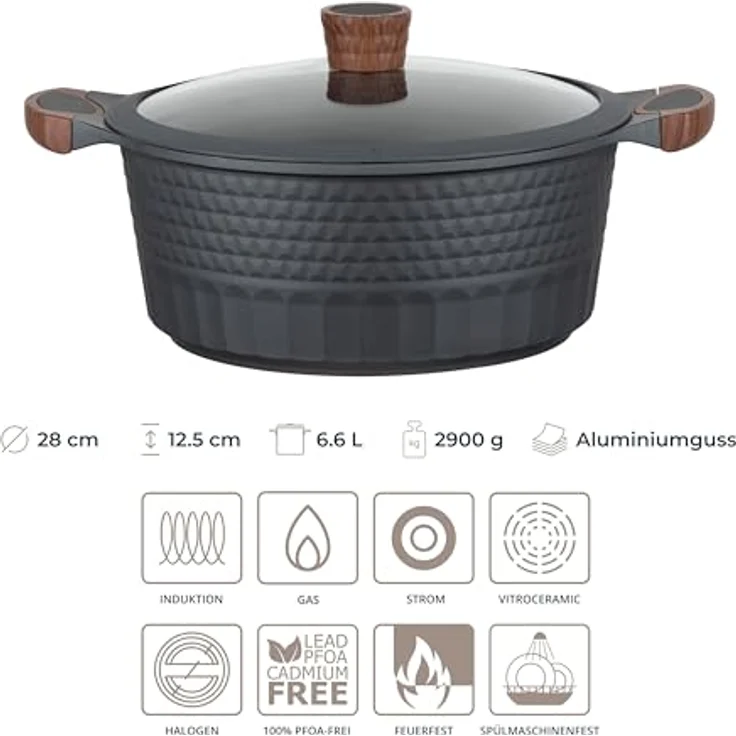 RESTO Kochtopf Schmortopf 6,6L mit Deckel 28cm, H=12,5cm | Antihaftbeschichtung | Für alle Herdarten, auch Induktion | PFOA frei – Bild 2