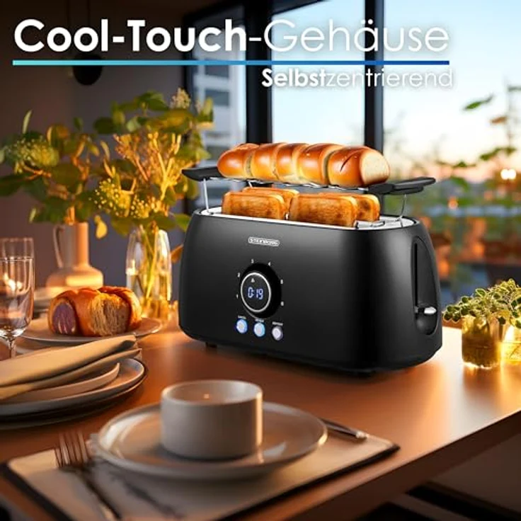 XXL Toaster 4 Scheiben mit Brötchenaufsatz | Toaster Schwarz | Digitales Display | Toastautomat | Automatische Abschaltung | Langschlitztoaster – Bild 5
