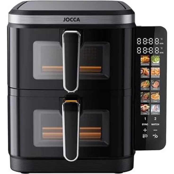 Jocca Digitale Heißluftfritteuse Doppelkammer 11 L (5,5 L + 5,5 L), 2600 W, 10 Funktionen, LED-Touch-Display, ölfrei, ideal für Familien