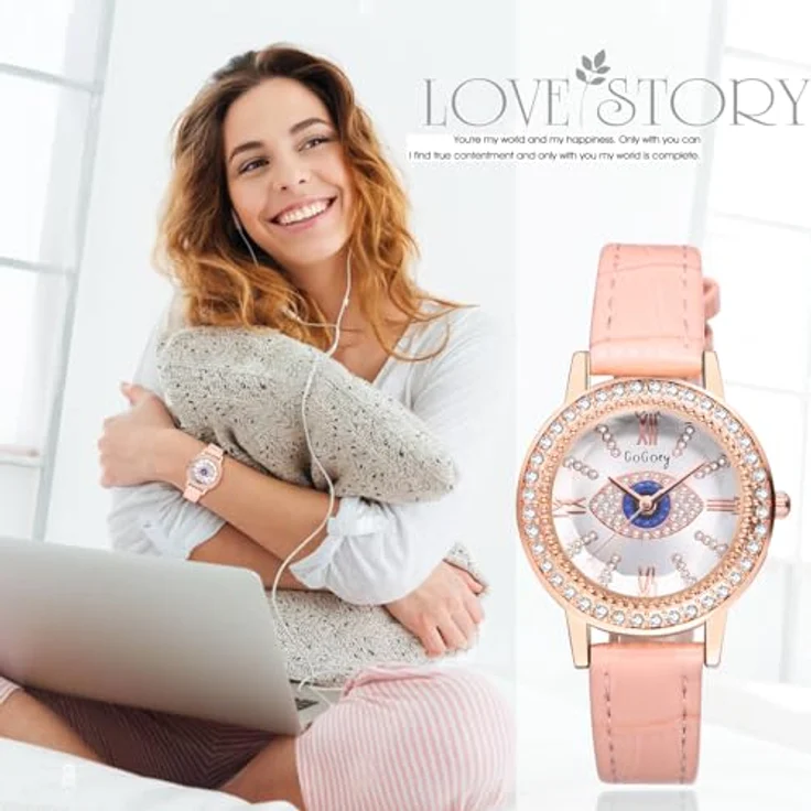 JewelryWe Analog Quarz Armbanduhr Damen, Rosa Leder mit Strass und Bösem Blick, römische Ziffern, Glitzer Design – Bild 5