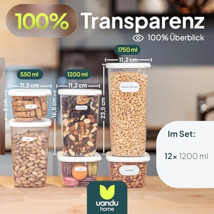 UANDU Vorratsdosen mit Deckel Luftdicht Set, BPA frei, 12x1200ml-Weiß – Bild 3