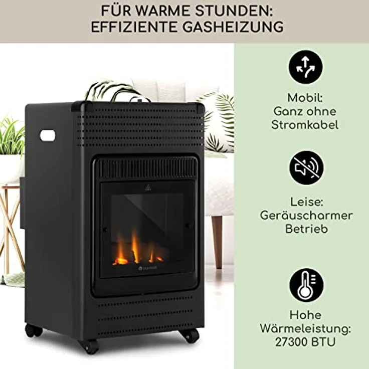 blumfeldt Andora Flame Gasheizofen - zwei Heizstufen mit 2 oder 3,4 kW, bis 11 kg Gasflaschen, Heizfläche: bis 68 m², inkl. Schlauch und Druckminderer, Feuerschein, elektrisches Zündsystem, schwarz – Bild 2