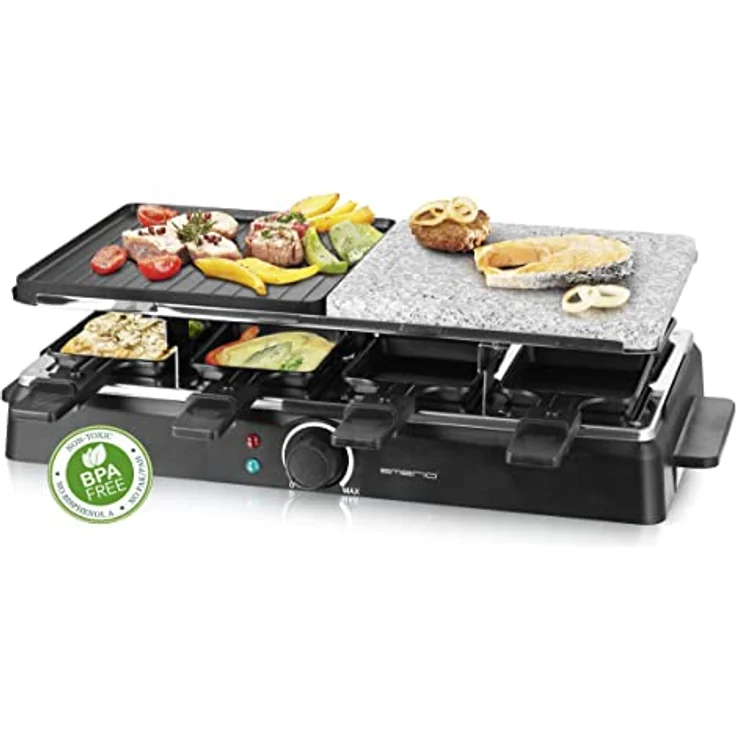 Emerio Raclette für bis zu 8 Personen mit heißem Stein und Grillfläche in Kombination, regulierbare Temperatur, Naturstein-Platte, inkl. 8 Pfännchen, Steingut, Antihaftbeschichtung RG-126708 – Bild 1