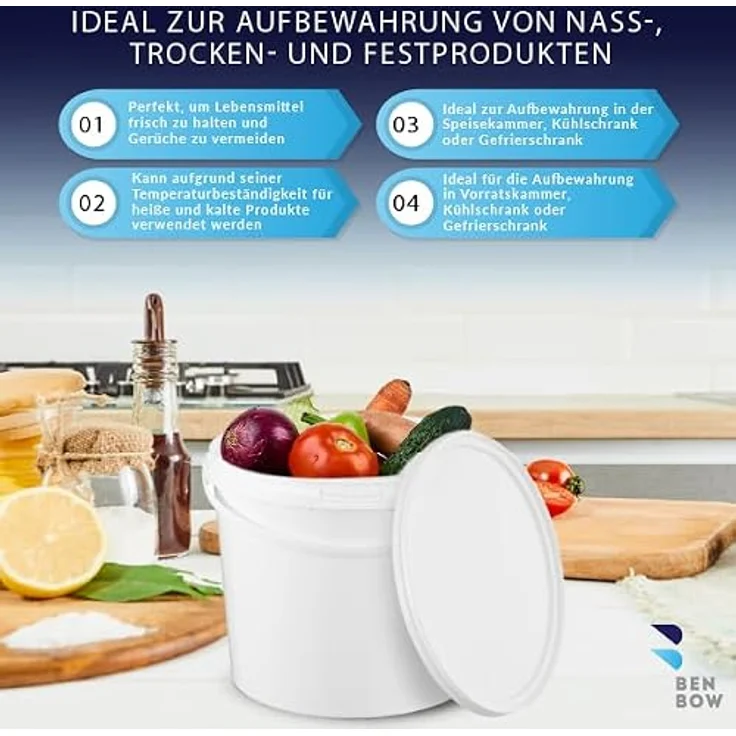 BenBow Eimer mit Deckel 5l weiß 5X 5l - lebensmittelecht, stabil, luftdicht, auslaufsicher, geruchsneutral - Plastikeimer mit Henkel - leer – Bild 3