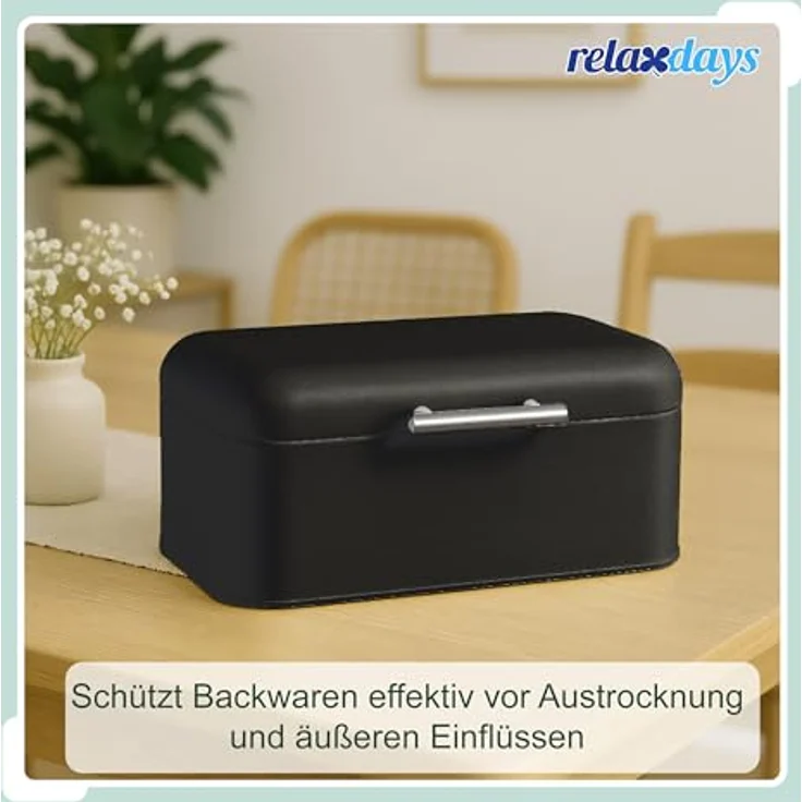 Relaxdays Brotkasten Retro, Brotbox mit Deckel & Griff, schwarz, HBT: 15,5 x 30 x 21 cm, inkl. atmungsaktivem Brotbeutel, Metallgehäuse – Bild 3