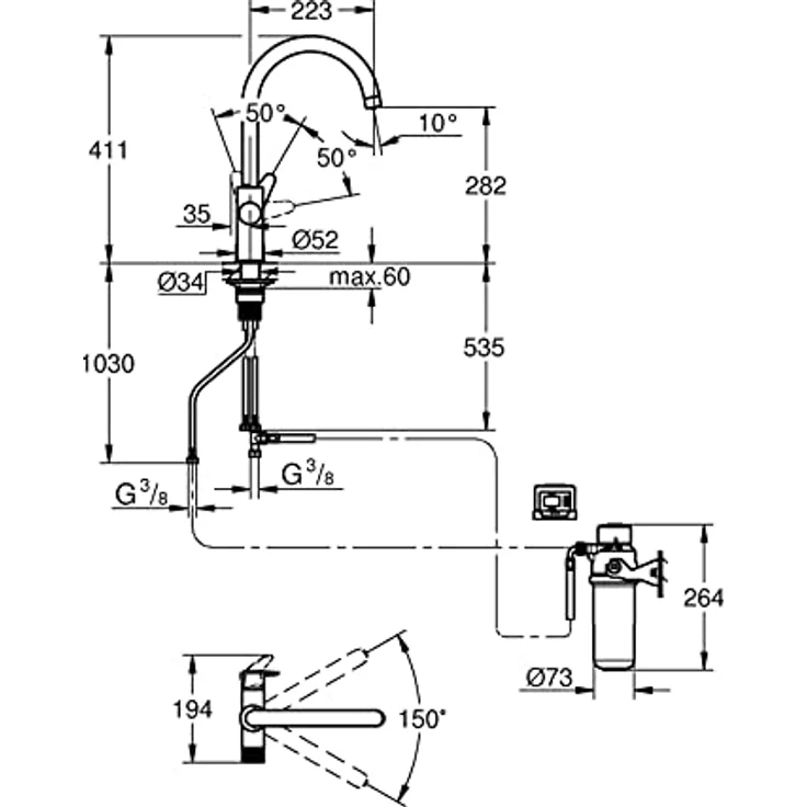 GROHE Blue Pure StartCurve, Einhand-Spültischbatterie mit Wasserfilterfunktion, Chrom, seperater Griff für gefiltertes Wasser, schwenkbarer Auslauf, 150° Schwenkbereich – Bild 4