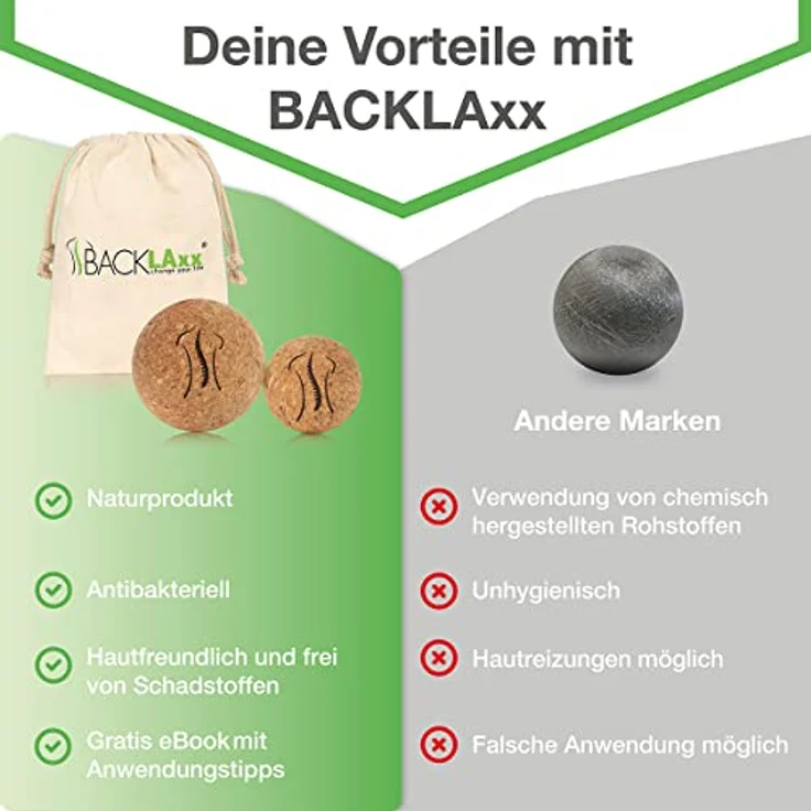 BACKLAxx® Massageball Faszienball, 2-tlg. aus Kork, antibakteriell & langlebig – Bild 5