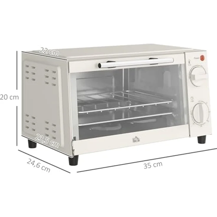 HOMCOM Minibackofen 9L Mini Ofen mit Backblech, Grillrost, einstellbare Temperatur und Timer, 750W, Edelstahl, Cremeweiß – Bild 5