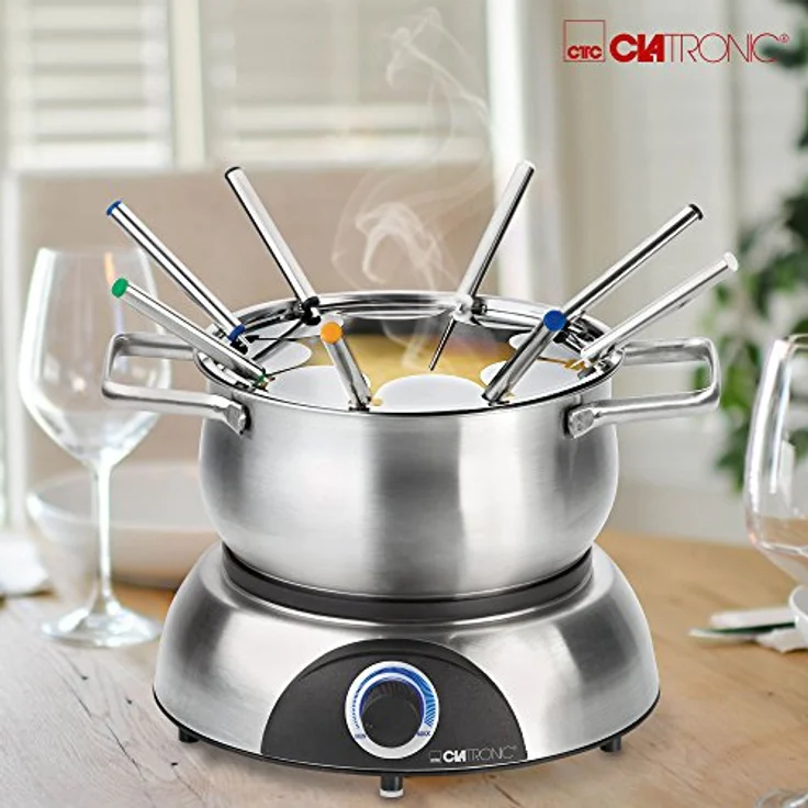 Clatronic FD 3783 elektrischer Fonduetopf, Topf mit abnehmbaren Spritzschutz, Fondue-Set für 8 Personen mit Edelstahl Fondue-Gabeln, farblich markiert, Füllmenge max. 1,2 Liter/1400 Watt, edelstahl – Bild 5