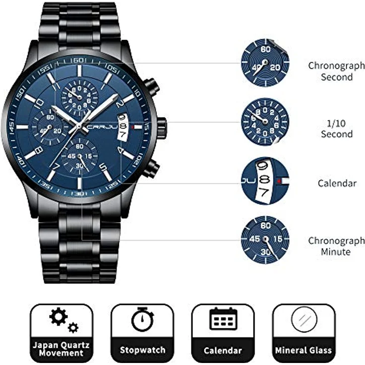 CRRJU Herren Chronograph Armbanduhr, wasserdicht, Edelstahlarmband, analog, Quarzwerk mit Kalender, Schwarz Blau Silber – Bild 3