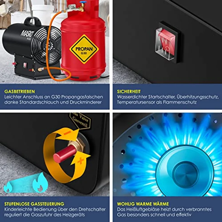 MASKO Gasheizgebläse Gasheizer Heizkanone Gasheizstrahler Bauheizer Gas Heizgerät heizstrahler Heißluftgenerator inkl. Gasschlauch & Druckminderer Heizgebläse für handelsübliche Gasflaschen Schwarz, 30 kW,  – Bild 3