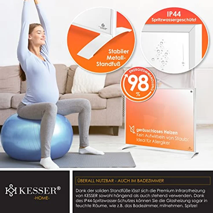 KESSER Infrarotheizung Energiesparend Infrarot 2in1 Standgerät & Wandmontage Elektroheizung mit Fernbedienung Thermostat & App-Steuerung Timer Elektrisch Heizpaneel Heizung Konvektor Standfüße Weiß, 350W, Heizstrahler – Bild 6
