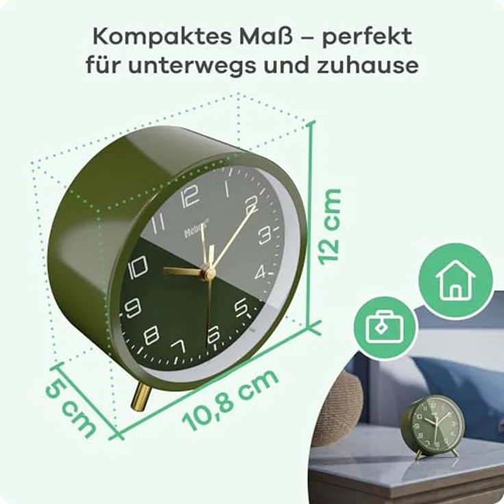 Mebus geräuschloser Wecker 56972, mit Snooze-Funktion und beleuchtetem Zifferblatt, in Grün für ruhige Nächte – Bild 4