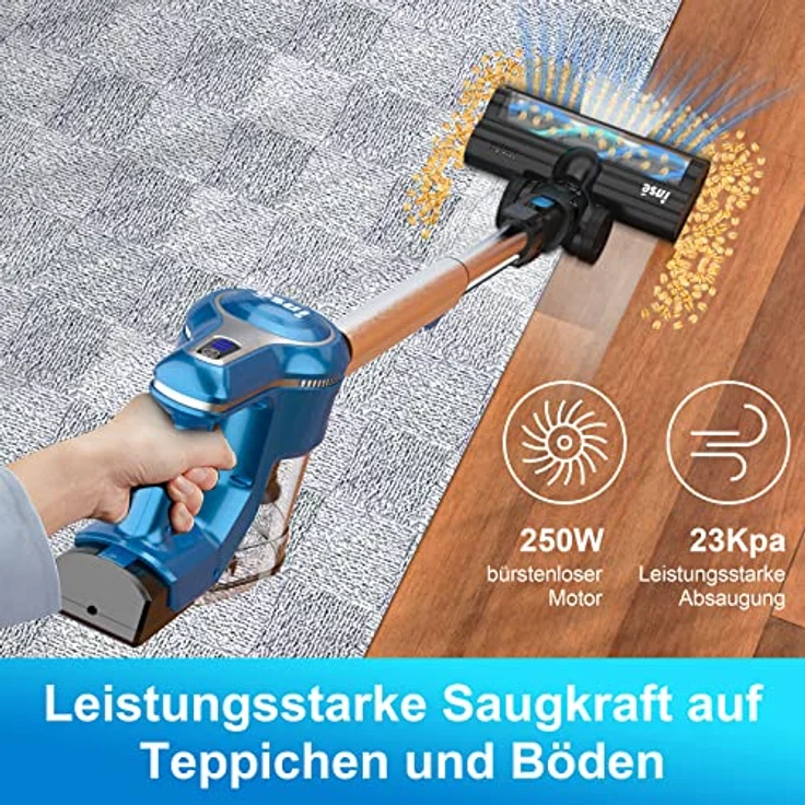 INSE Akku Staubsauger 25KPa Kabelloser Staubsauger Starke Saugleistung bis zu 45 Min Laufzeit, 1,2L großer Müllbox, 10 in 1 Staubsauger Beutellos Stabstaubsauger für Tierhaare Hartboden Teppich blau – Bild 2