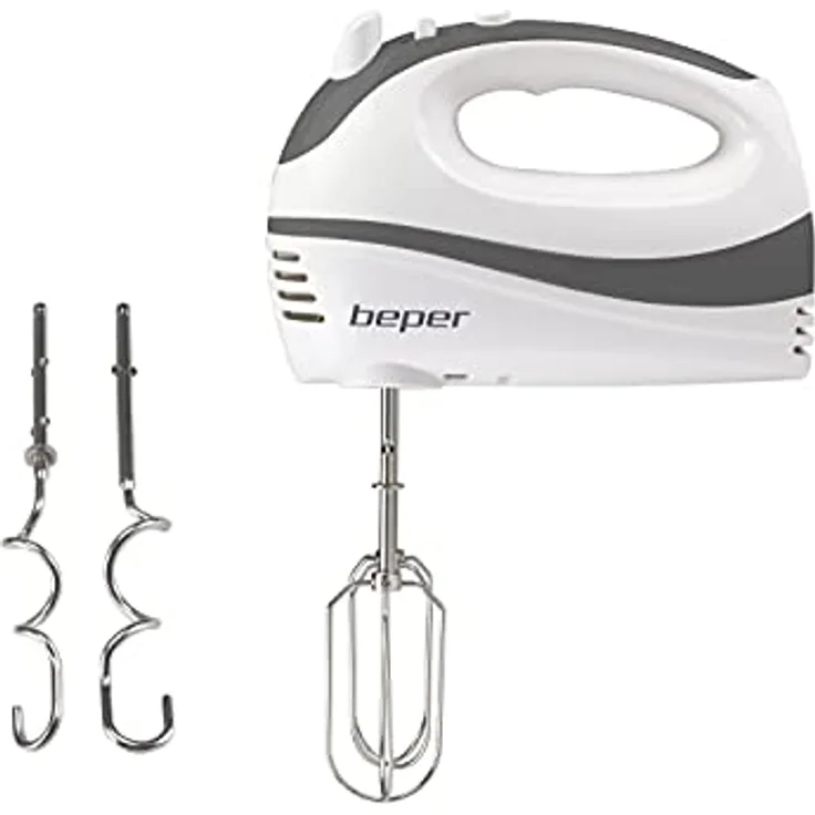 BEPER P102SBA100 Elektrischer Schneebesen, zum Zusammenbauen von Eiern, Kneten und Mischen von Cremes und Süßigkeiten, 2 Mischhaken inklusive, 300 W, Weiß/Grau
