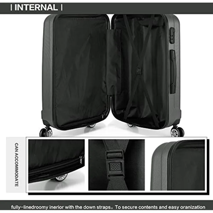 KONO Koffer Trolley Mittelgroß Hartschale ABS Reisekoffer Rollkoffer Suitcase (Grau, L) – Bild 3