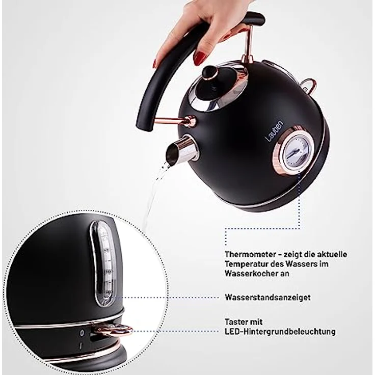 Lauben Electric Kettle 17BC Wasserkocher mit Inhalt 1,8 l, Leistung 2200 W, Wassertemperaturanzeige, Material Edelstahl, Trockengehschutz, Überhitzungsschutz, beleuchteter Schalter, Kabelstaufach – Bild 4