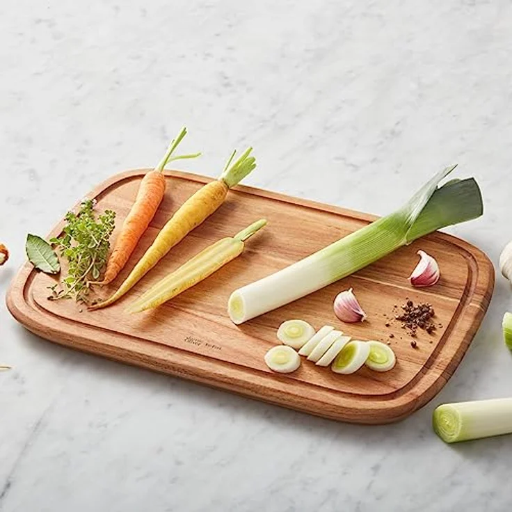 Jamie Oliver by Tefal K26809 Schneidebrett Gr. M | 37,4 x 25,1 x 2,2 cm | Akazienholz | FSC-zertifiziert | mit praktischer Saftrille | zum Schneiden von Lebensmitteln | zum Servieren | Braun – Bild 5