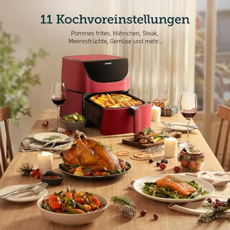 COSORI CP158-AF Heißluftfritteuse, 5,5 Liter Fassungsvermögen, ohne Öl, 1700W, LED-Display, Warmhaltefunktion, Shake-Erinnerung, Kunststoff, rot – Bild 5
