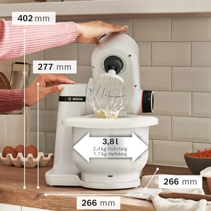 Bosch Küchenmaschine Serie 2 MUMS2AW01, 3,8l Kunststoff-Schüssel, Durchlaufschnitzler, 4 Scheiben, 4 Stufen, Knethaken/Rührbesen/Schlagbesen, spülm.fest, 700 W, weiß – Bild 3