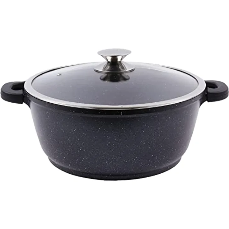 Kamberg – 0008033 – Kochtopf 28 cm – Aluminiumguss – Beschichtung in Steinoptik – Mit Glasdeckel – Für alle Herdarten, auch Induktion – PFOA‑frei, 28 x 28 x 12,5 cm