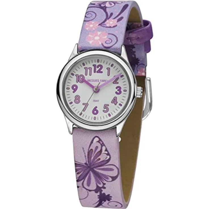 JACQUES FAREL Kinder-Armbanduhr Lernuhr Mädchen Analog Quarz mit Schmetterlingen Blumen Lila Rosa Flieder, Veganes Lederimitatband, HCC 435