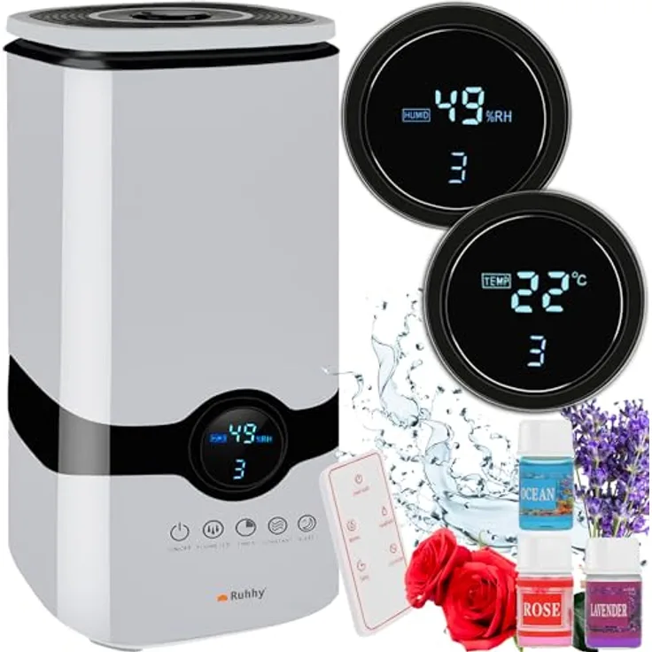 Ruhhy Luftbefeuchter mit Hygrometer Ionisator Aromadiffusor Ätherische Öle Lavendel Meeresbrise Rosenduft Weiß 22739