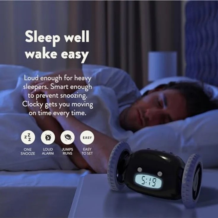 CLOCKY Funny Gift- Loud Alarm Clock on Wheels, Black, Run Away Moving Jump Roll Vibrating, 1-Time Snooze, Digital, Wake Up Energized – Bild 5