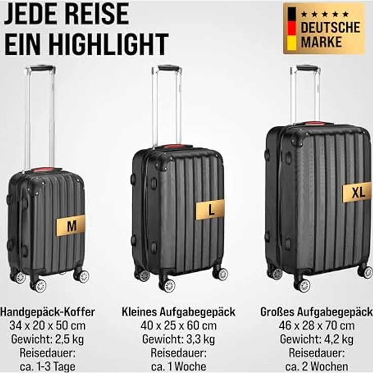 MONZANA® Kofferset 3tlg. Hartschale Organizer Trolley Schwarz mit Zwillingsrollen, Gurt und Kofferwaage – Bild 4
