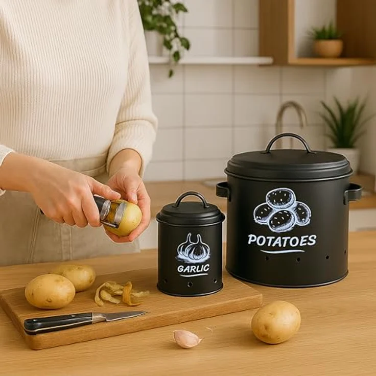 relaxdays Vorratsdose Kartoffel Aufbewahrungsbox 3er Set, Stahl, schwarz – optimale Lagerung für Kartoffeln, Zwiebeln und Knoblauch mit Belüftungslöchern und dekorativem Design – Bild 3
