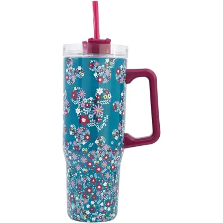 Disney Mickey Mouse Trinkflasche, Edelstahl mit Strohhalm und Griff, 940 ml, doppelwandig isoliert – Bild 2