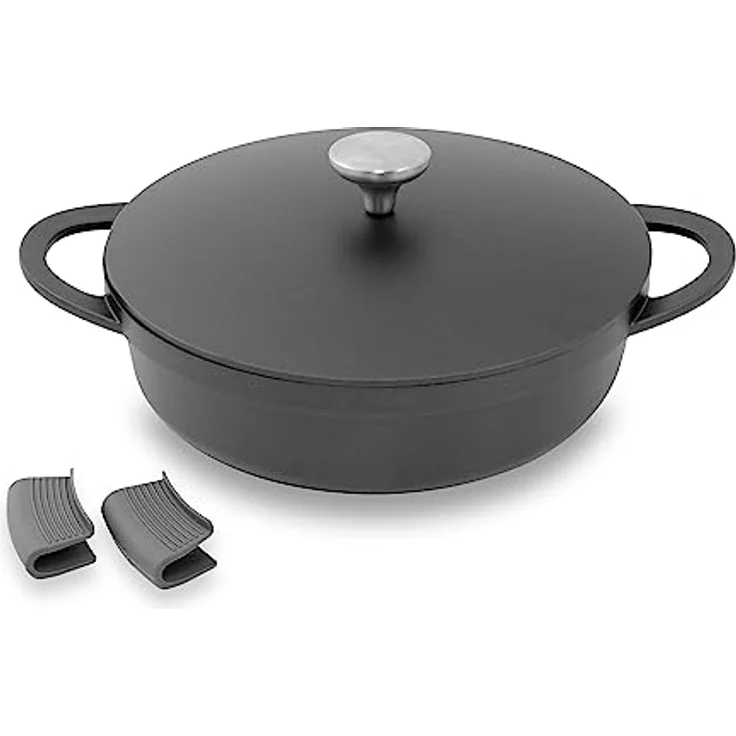 Kopf Schmorpfanne Aluguss Atavola Ø 28 cm mit ILAG Basic Antihaftbeschichtung, Induktion Servierpfanne inkl. Griffschutz aus Silikon und Deckel, backofenfest, Höhe 8 cm, schwarz – Bild 1