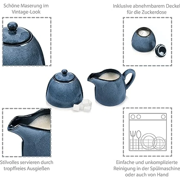 Sänger | Milch und Zucker Set Darwin 3 TLG, Zuckerdose und Milchkännchen Set Steingut, Zuckerdose mit Deckel und Milchkanne, Milchbehälter und Zuckerdosierer Handmade, Zuckerbehälter Blau – Bild 3
