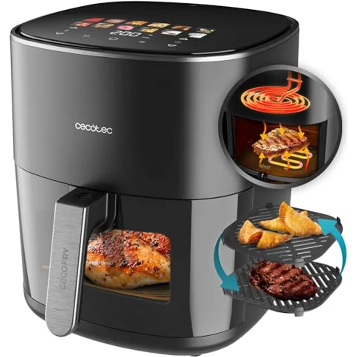 Cecotec Cecofry&Grill Duoheat 6500, Heißluftfritteuse ohne Öl, 6,5L, 2200W, digital mit Temperaturregelung 40-200°C, 12 Menüs und Sichtfenster