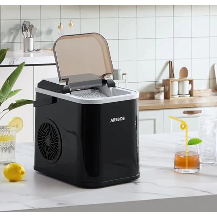 Arebos Eiswürfelmaschine | Ice Cube Maker | 12 kg / 24 h | 10-15 Minuten Produktionszeit | 1,1 Liter Wassertank | Eiswürfelbereiter | Leise | Selbstreinigungsfunktion | Schwarz – Bild 2