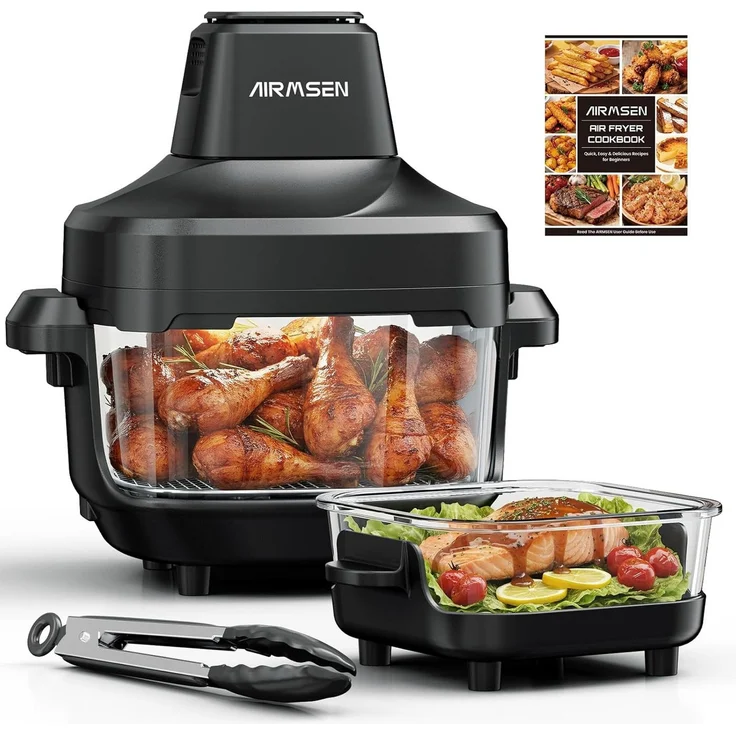 Airmsen Heißluftfritteuse 1500W mit 360° Sichtfenster, 4 Programme, Dual-Kapazitätsdesign 4,5L + 1,2L, abnehmbarer Heißluft-Kopf, gesundes Kochen ohne Öl