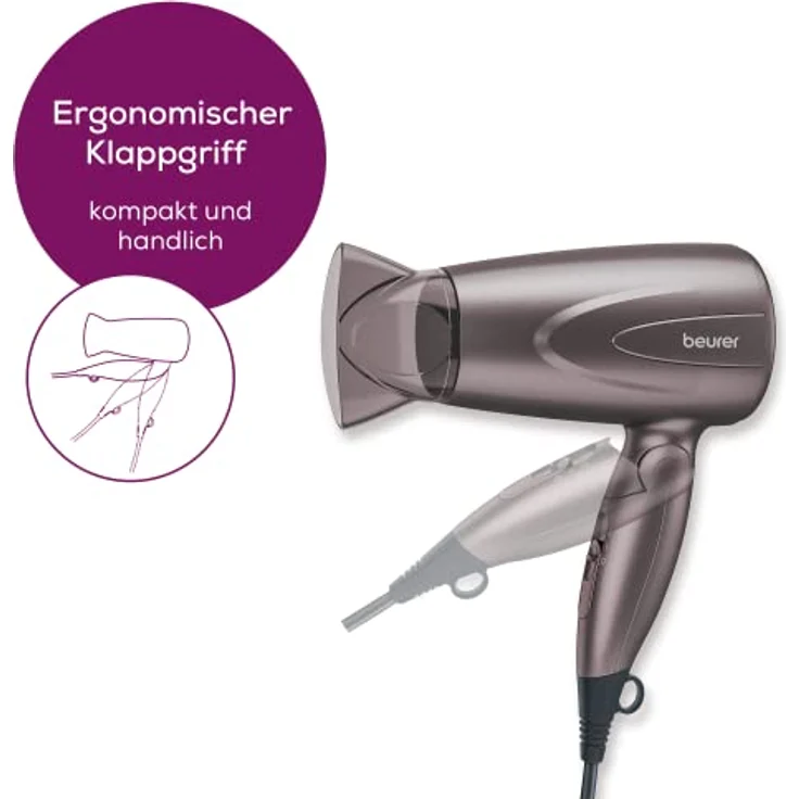 Beurer HC 17 Haartrockner, kompakter Föhn mit Klappfunktion, zwei Heiz- und Gebläsestufen, 1300 Watt, Überhitzungschutz und Profidüse, klappbarer Haartrockner für unterwegs mit Aufhängeöse – Bild 2