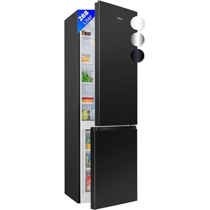 Bomann® Kühlschrank mit Gefrierfach 180cm hoch | Kühl Gefrierkombination 268L mit 4 Ablagen & 3 Schubladen | Türanschlag wechselbar | leise Kühlgefrierkombi mit 36db | Kühlschrank KG 7353 schwarz-inox