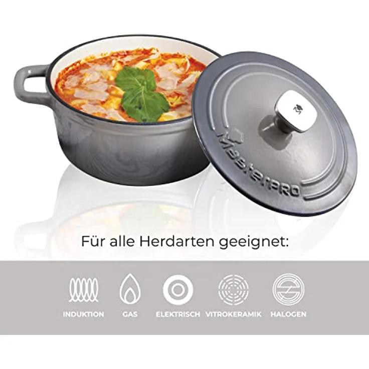 MasterPro Unique, Kochtopf 27cm mit Deckel, weiß, aus Gusseisen, ergonomische Griffe, für alle Herdarten geeignet – Bild 4