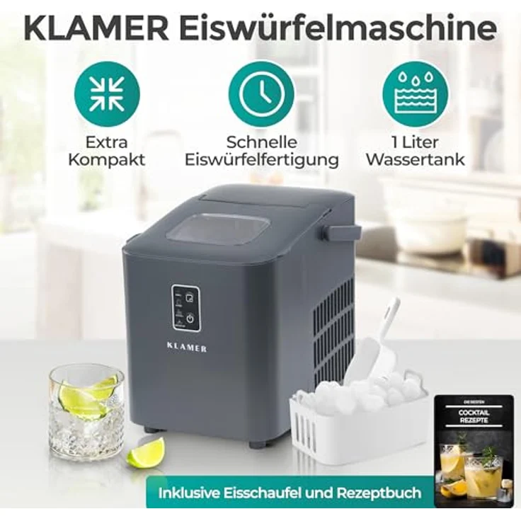 KLAMER Eiswürfelmaschine klein (2025), 8 Eiswürfel in 8 Minuten, 11 kg Eis pro Tag, 2 Größen, 1 L Wassertank, Geräuscharm, mit Eisschaufel und Tragegriff – Bild 2