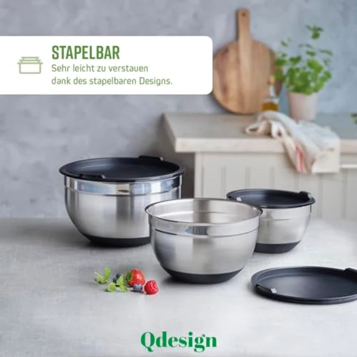 Q Design Rührschüsseln aus Edelstahl mit Deckel - 3er-Set, vielseitig und praktisch – Bild 5