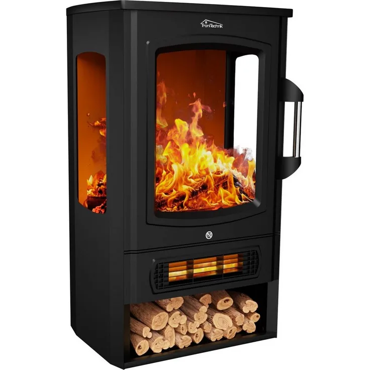 TroniTechnik Heizgerät Elektrokamin Kaminfeuer, LED Flammeneffekt elektrisch 1000/2000 Watt, 2000 W, Standkamin mit Heizung, Thermostat Panorama-Sichtfenster Heizfunktion