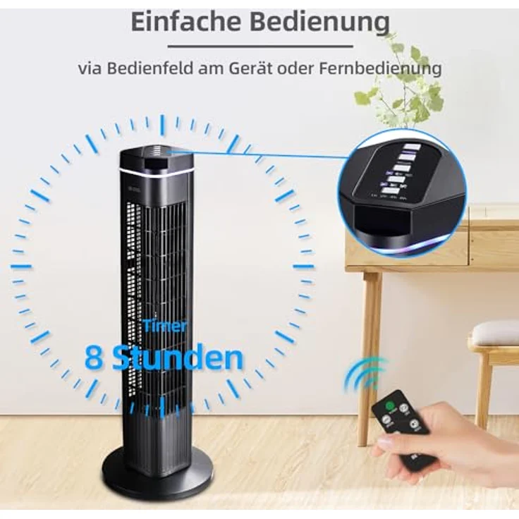 Be Cool Turmventilator 73 cm, mit Fernbedienung, 3 Geschwindigkeitsstufen, 3 Windmodi, Timer bis 8 Std., Oszillation 70°, LED-Bedienfeld, Schwarz – Bild 5