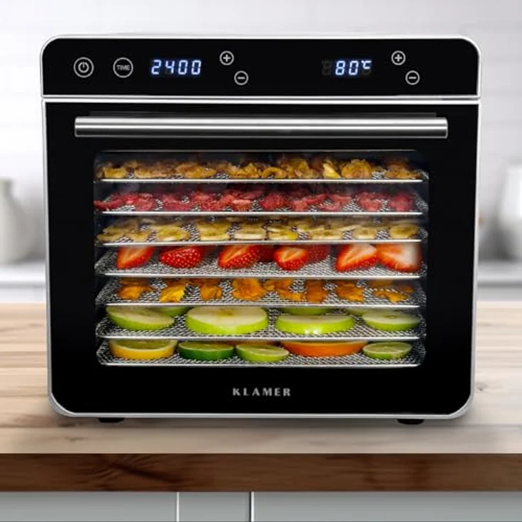 KLAMER Premium Dörrautomat XL 700W, 24h-Timer und 35-80°C Temperaturregler, 8 extra große Einlegefächer aus Edelstahl, Trockner aus Edelstahlgehäuse – Bild 3
