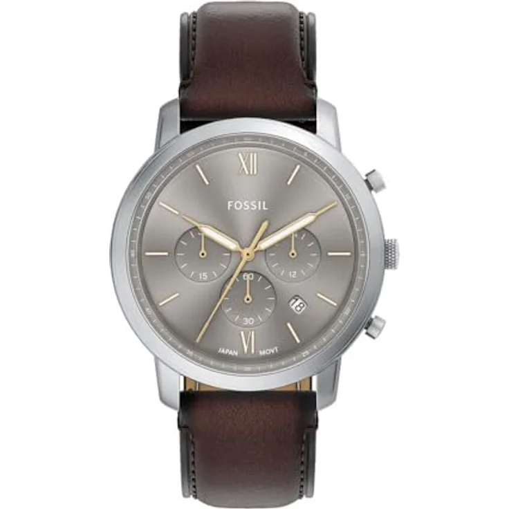 FOSSIL Herren Analog Quarz Uhr FS6129, 44mm Gehäuse, graues Zifferblatt, braunes Lederarmband, wasserdicht bis 50m – Bild 1